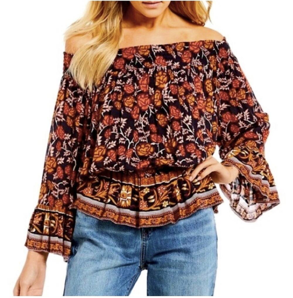 Raga Blue Floral Boho Off Shoulder Top Small NWT